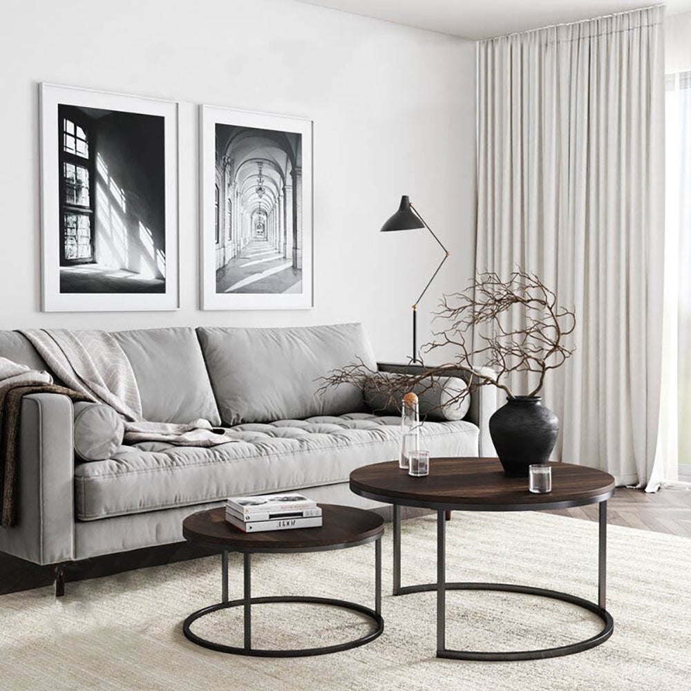 SKY-TOUCH Round Coffee Table Set of 2 Side Table,Stacking Side Tables with Solid Wood Grain Table and Metal Frame for Living Room,Sturdy and Easy Assembly,Rustic Brown and Black Walnut