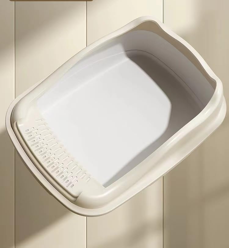SKY-TOUCH Cat Litter Tray Box,Litter Box with High Side,Anti-Splashing Cats Litters Pan,Kitten Toilet with Litter Sifting Scoop,with Free Scoop Kitten Detachable Rim Easy Cleaning,48*35*18cm,White