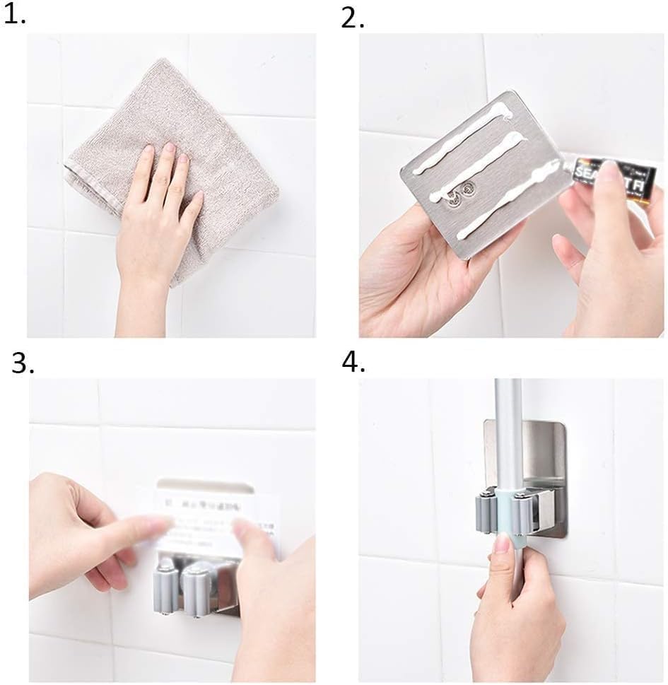 SKY-TOUCH 8 Pack Mop And Broom Holder,Wall Mount - Self Adhesive No Drilling,Anti-Slip Broom and Mop Wall Hanger Organizer,for Home, Kitchen, Garden, Garage Storage - Stainless Steel,Waterproof