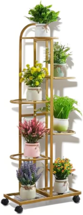 SKY-TOUCH 6-Tier Metal Plant Stand with Movable wheels – Tall 118cm Flower Shelf, Indoor/Outdoor Plant Organizer & Display Rack for Garden, Patio, or Living Room, Golden,47*118cm