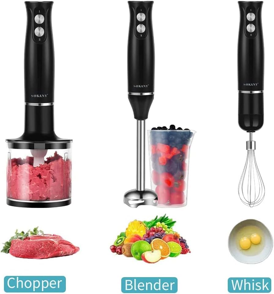 SKY-TOUCH 4 In 1 Immersion Hand Blender,500W Electric Blender Handheld,Stainless Steel Blades,Dual Speed,700ml Beaker,500ml Chopping Bowl,for Kitchen,Smoothie and Baby Food with Chopper, Whisk