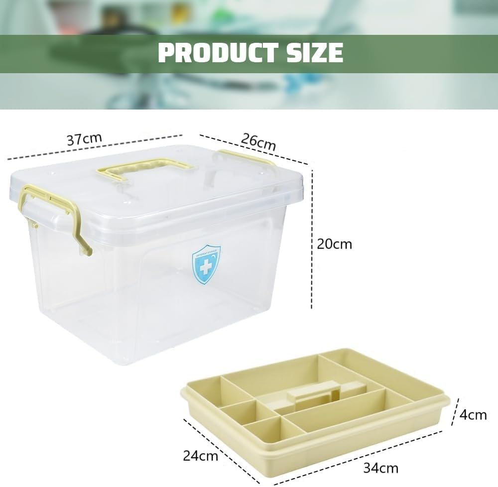 SKY-TOUCH Family Medicine Storage Box : Clear Plastic Storage Box with Tray Tool Organizer with Handle Multipurpose Storage Box for Medicine Toys Tools Office Supplies (37 * 26 * 20cm Beige)