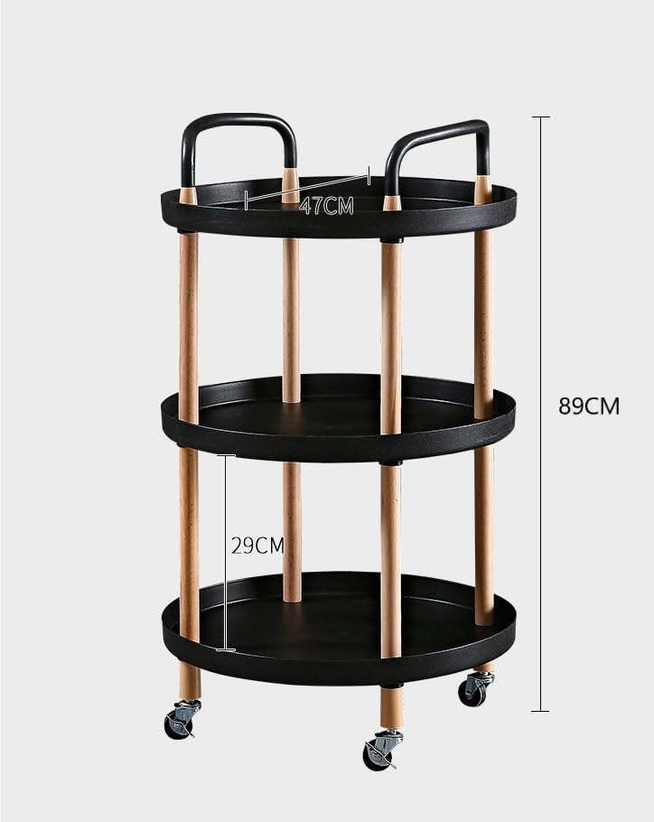 SKY-TOUCH 3 Tier Round Rolling Cart : Storage Organizer Cart with Handle and Lockable Wheels Multi-Functional Utility Cart with Wood Frame for Home Office Living Room Kitchen (Black)
