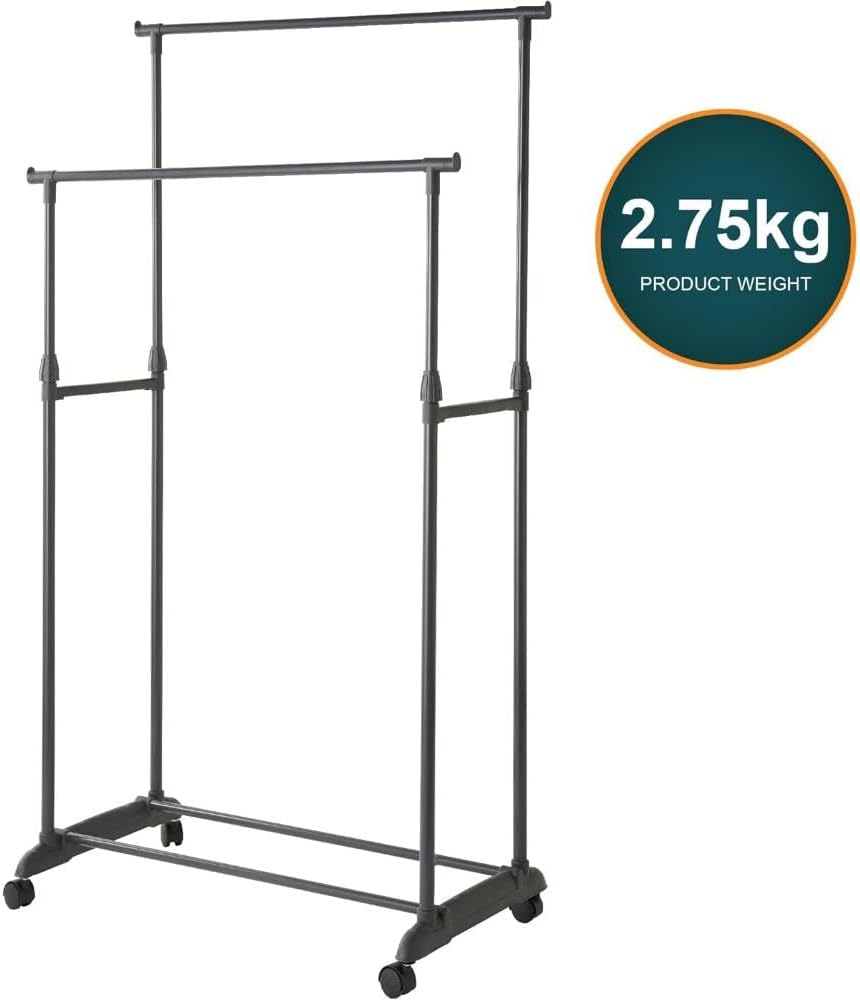 SKY-TOUCH Double Rail Clothes Rack, Movable Portable Clothes Drying Rack, Bedroom Laundry Room Display Rack with Wheels and Sturdy Base, Black, 78 * 41 * 152 cm, Adjustable Height