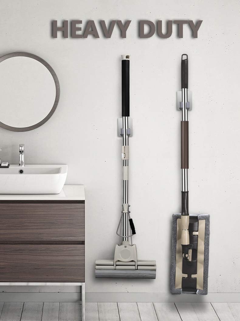 SKY-TOUCH 8 Pack Mop And Broom Holder,Wall Mount - Self Adhesive No Drilling,Anti-Slip Broom and Mop Wall Hanger Organizer,for Home, Kitchen, Garden, Garage Storage - Stainless Steel,Waterproof