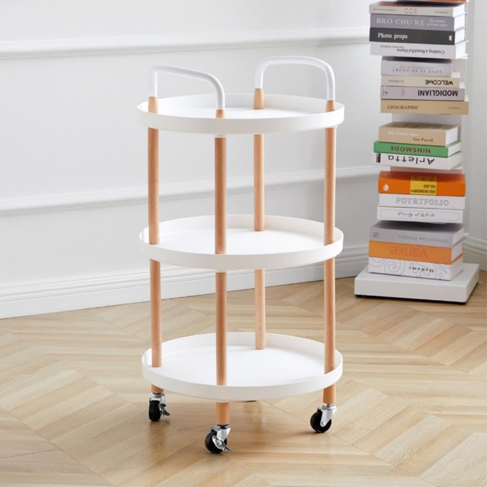 SKY-TOUCH 3 Tier Round Rolling Cart : Storage Organizer Cart with Handle and Lockable Wheels Multi-Functional Utility Cart with Wood Frame for Home Office Living Room Kitchen (Black)
