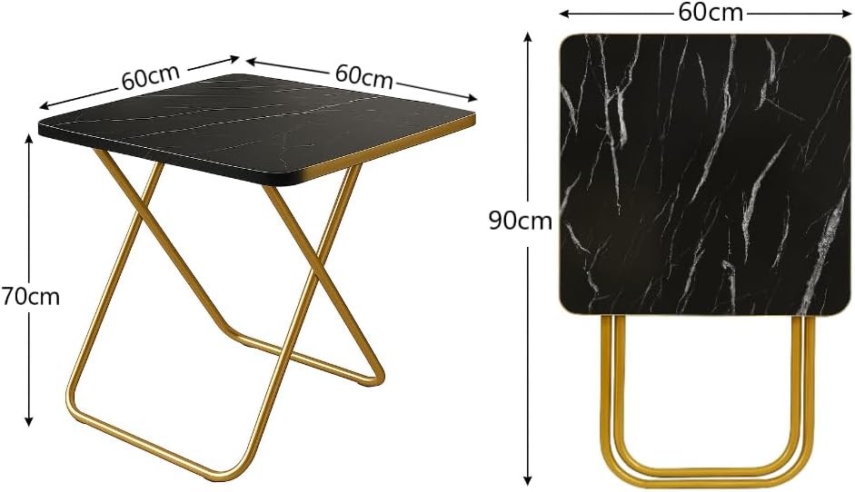 SKY-TOUCH Folding Table, Multi-Purpose Iftar Table with Black Marble-Look Wood Top Gold Metal Frame, for Prayer, Dining, Sofa Side, Outdoor & Bedroom, No Assembly, Portable & Space-Saving(60*60*90cm)