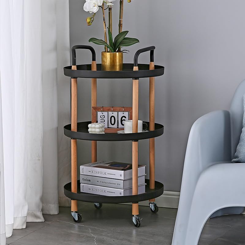 SKY-TOUCH 3 Tier Round Rolling Cart : Storage Organizer Cart with Handle and Lockable Wheels Multi-Functional Utility Cart with Wood Frame for Home Office Living Room Kitchen (Black)