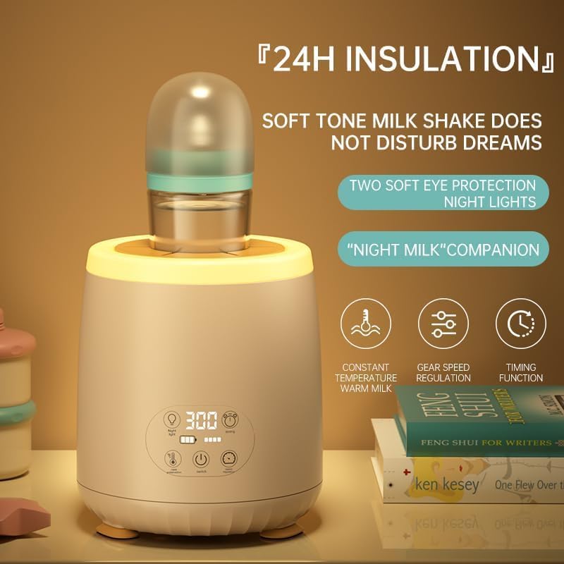 SKY-TOUCH Baby Milk Bottle Shaker,Automatic Warmer Feeding Baby Bottle,Portable Electric Feeding Milk Shaker,4-Speed Adjustment,LED Night Light + Thermal Insulation,Khaki 12 * 12 * 14.5cm