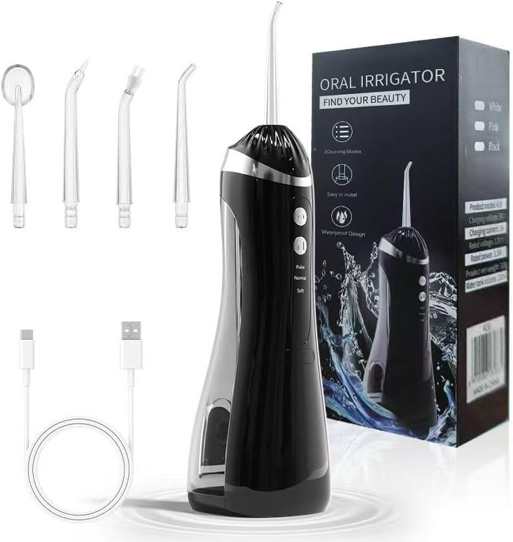 SKY-TOUCH Water Flosser Professional Cordless Oral Irrigator,with 3 Modes 4 Replaceable Tips,Deep Cleaning, Rechargeable, Waterproof, BPA-Free, Portable, Home and Travel, Black