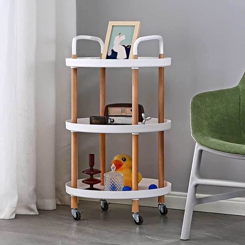 SKY-TOUCH 3 Tier Round Rolling Cart : Storage Organizer Cart with Handle and Lockable Wheels Multi-Functional Utility Cart with Wood Frame for Home Office Living Room Kitchen (Black)