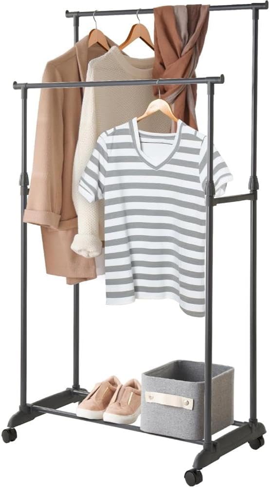 SKY-TOUCH Double Rail Clothes Rack, Movable Portable Clothes Drying Rack, Bedroom Laundry Room Display Rack with Wheels and Sturdy Base, Black, 78 * 41 * 152 cm, Adjustable Height