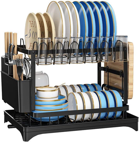 SKY-TOUCH 2-Tier Dish Drying Rack – Save Space Dish Rack with Utensil Holder, Cutting Board Holder & Drainboard Tray | Large Capacity, Rustproof Kitchen Drainer,42 * 30 * 29cm,Black