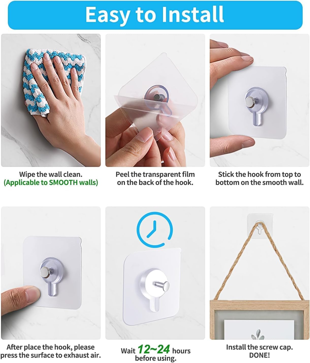 SKY-TOUCH Adhesive Wall Hooks : 18Pcs Transparent Heavy Duty Self-Sticking Hangers Without Nails, Waterproof & Rustproof for Kitchen Bathroom Home Office - Reusable No Damage Hooks (6x6cm, 4kg Load)