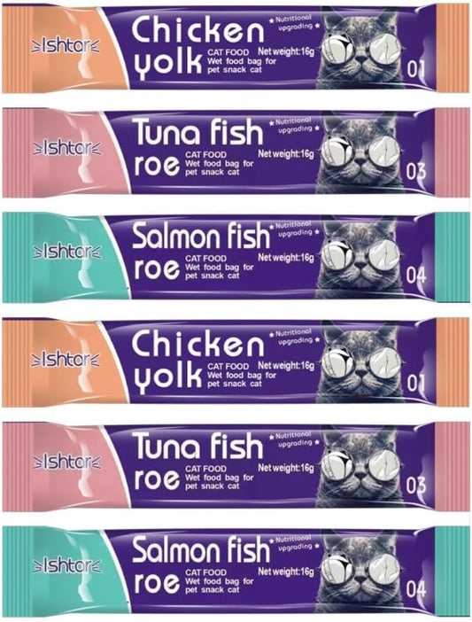 SKY-TOUCH 6Pcs Wet Cat Treat : Squeeze Up Interactive Lickable Wet Cat Treats with 3 Flavors (Tuna&Fish Roe, Chicken&Yolk, Salmon&Fish Roe, 16g Each) for All Cats (6Pack 96g)