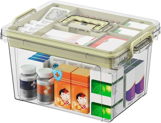 SKY-TOUCH Family Medicine Storage Box : Clear Plastic Storage Box with Tray Tool Organizer with Handle Multipurpose Storage Box for Medicine Toys Tools Office Supplies (37 * 26 * 20cm Beige)