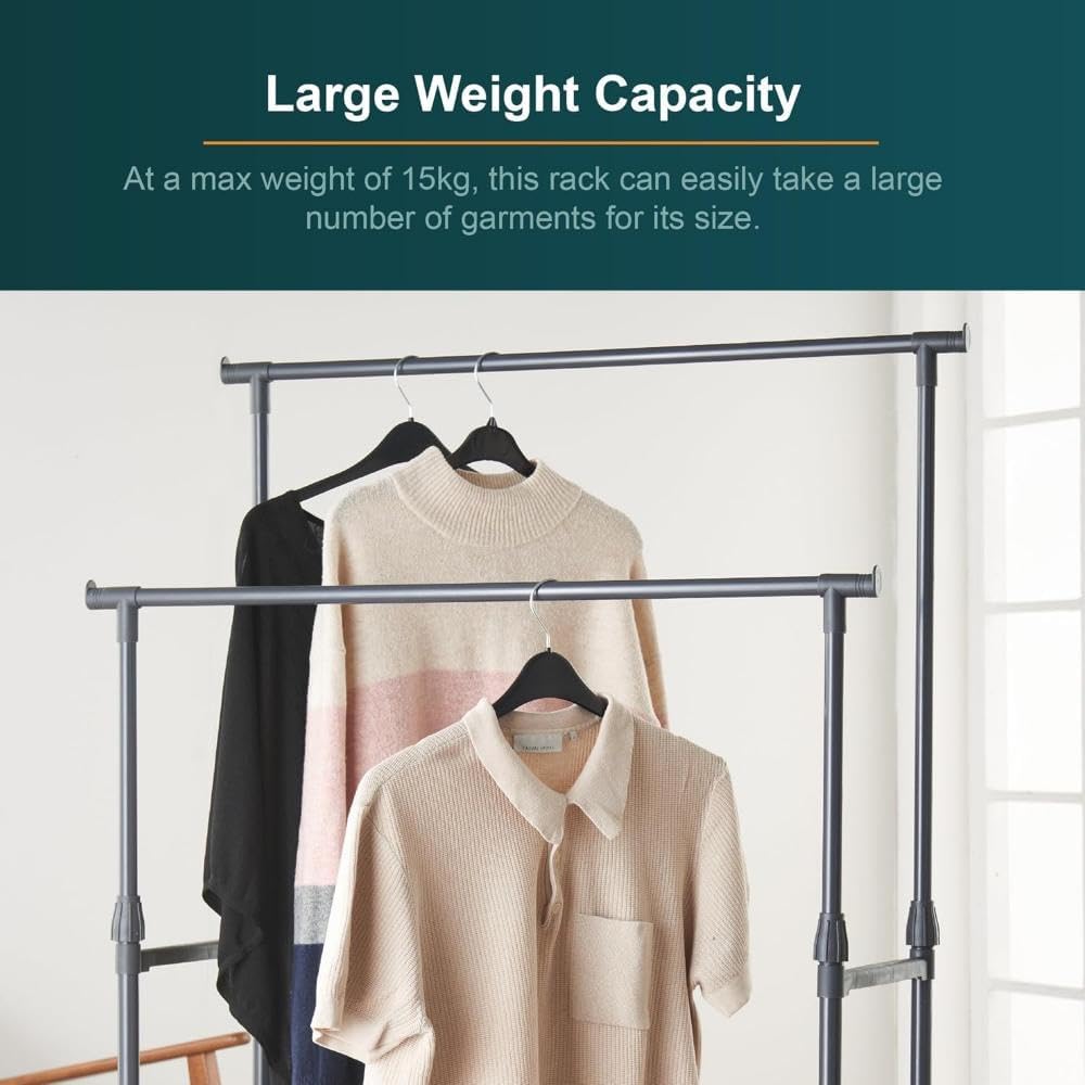 SKY-TOUCH Double Rail Clothes Rack, Movable Portable Clothes Drying Rack, Bedroom Laundry Room Display Rack with Wheels and Sturdy Base, Black, 78 * 41 * 152 cm, Adjustable Height