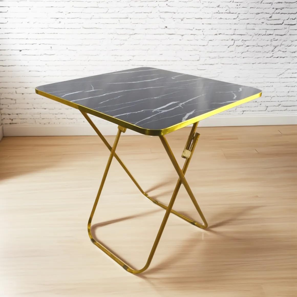 SKY-TOUCH Folding Table, Multi-Purpose Iftar Table with Black Marble-Look Wood Top Gold Metal Frame, for Prayer, Dining, Sofa Side, Outdoor & Bedroom, No Assembly, Portable & Space-Saving(60*60*90cm)