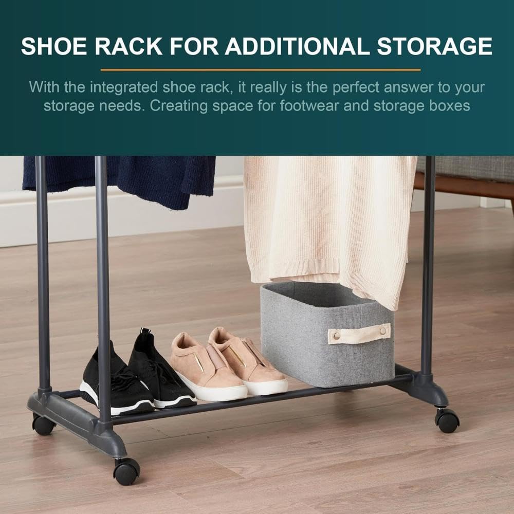SKY-TOUCH Double Rail Clothes Rack, Movable Portable Clothes Drying Rack, Bedroom Laundry Room Display Rack with Wheels and Sturdy Base, Black, 78 * 41 * 152 cm, Adjustable Height