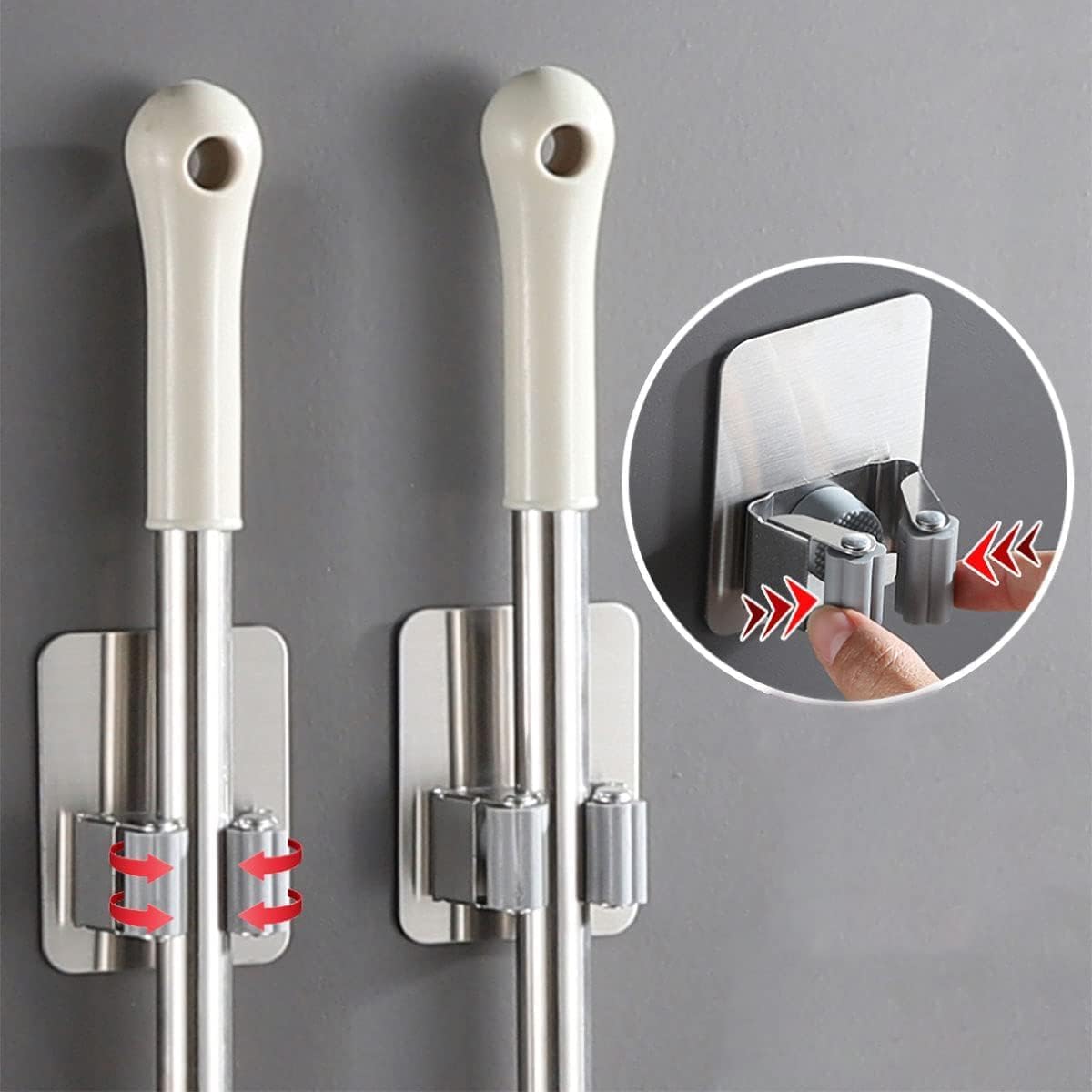 SKY-TOUCH 8 Pack Mop And Broom Holder,Wall Mount - Self Adhesive No Drilling,Anti-Slip Broom and Mop Wall Hanger Organizer,for Home, Kitchen, Garden, Garage Storage - Stainless Steel,Waterproof