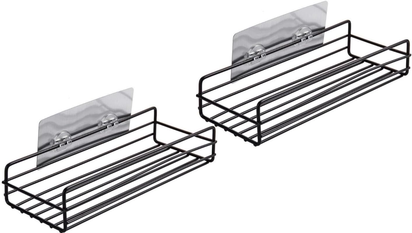 SKY-TOUCH قطعتان من رف الدش، أرفف حائط الحمام، حامل الدش، رف الدش، علب الحمام، رف الحمام بدون حفر، تخزين الدش، حامل حمام مثبت على الحائط، أرفف ذاتية اللصق باللون الأسود