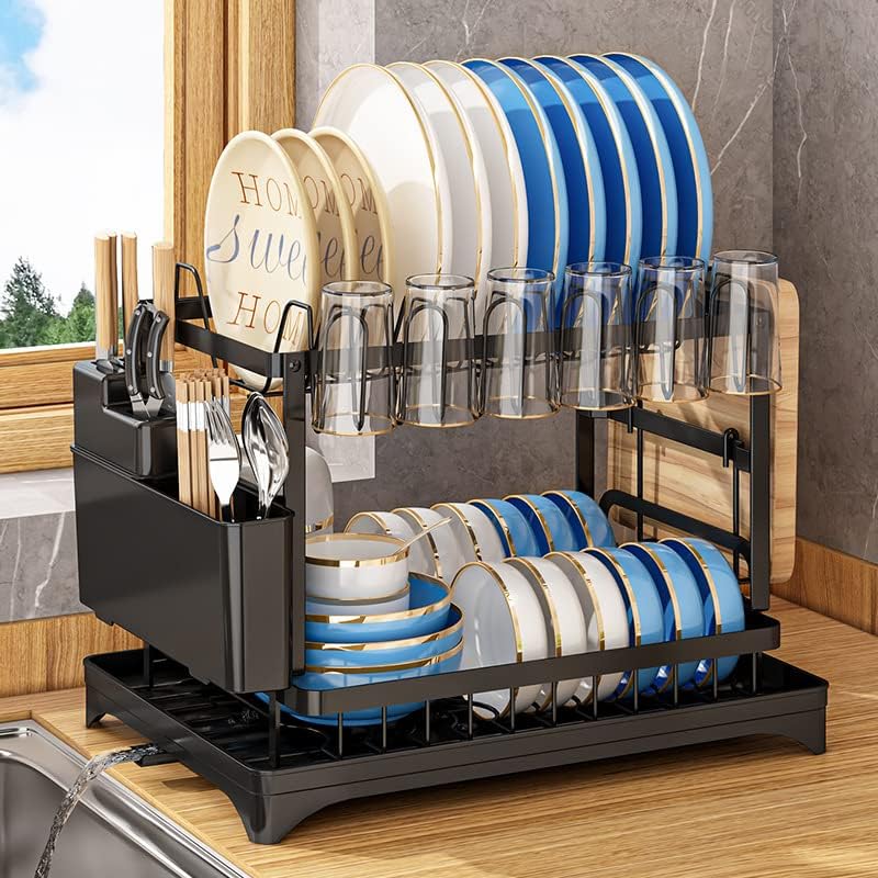 SKY-TOUCH 2-Tier Dish Drying Rack – Save Space Dish Rack with Utensil Holder, Cutting Board Holder & Drainboard Tray | Large Capacity, Rustproof Kitchen Drainer,42 * 30 * 29cm,Black