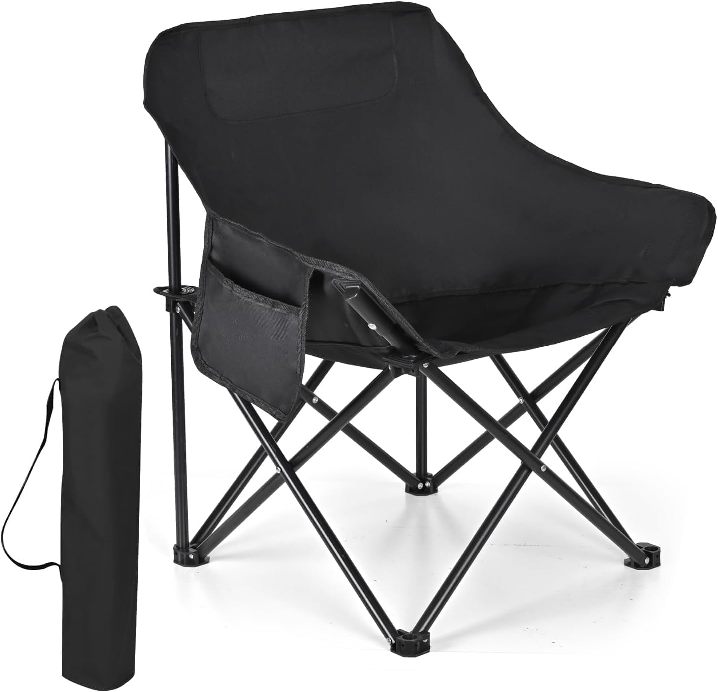 SKY-TOUCH Black Portable Folding Camping Chair with Fully Padded Seat and Backrest, Comes with Carry Bag and Side Pockets, Suitable for Outdoor Fishing, Hiking, Backpacking, Picnic, Beach, Traveling.