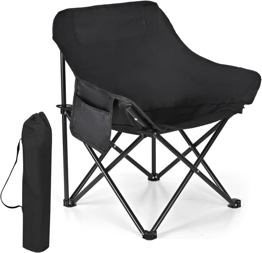 SKY-TOUCH Black Portable Folding Camping Chair with Fully Padded Seat and Backrest, Comes with Carry Bag and Side Pockets, Suitable for Outdoor Fishing, Hiking, Backpacking, Picnic, Beach, Traveling.