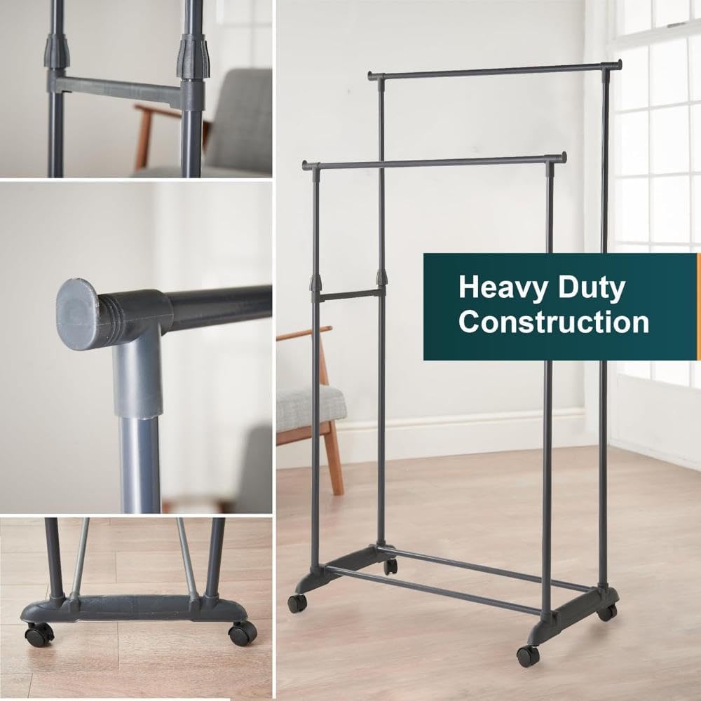 SKY-TOUCH Double Rail Clothes Rack, Movable Portable Clothes Drying Rack, Bedroom Laundry Room Display Rack with Wheels and Sturdy Base, Black, 78 * 41 * 152 cm, Adjustable Height