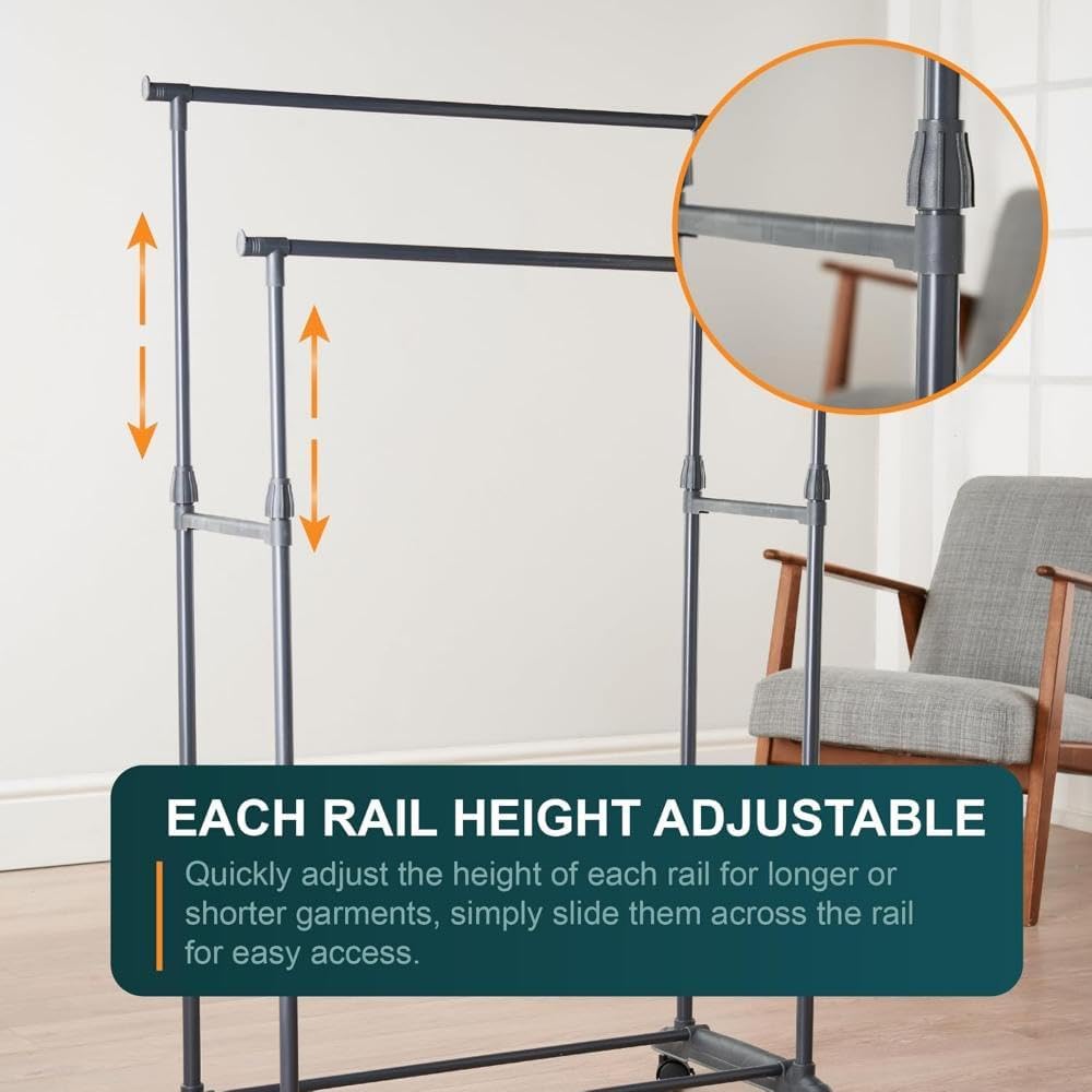 SKY-TOUCH Double Rail Clothes Rack, Movable Portable Clothes Drying Rack, Bedroom Laundry Room Display Rack with Wheels and Sturdy Base, Black, 78 * 41 * 152 cm, Adjustable Height