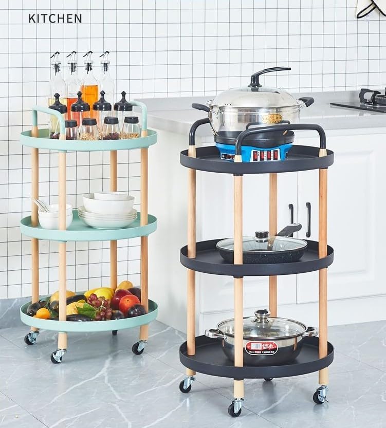 SKY-TOUCH 3 Tier Round Rolling Cart : Storage Organizer Cart with Handle and Lockable Wheels Multi-Functional Utility Cart with Wood Frame for Home Office Living Room Kitchen (Black)