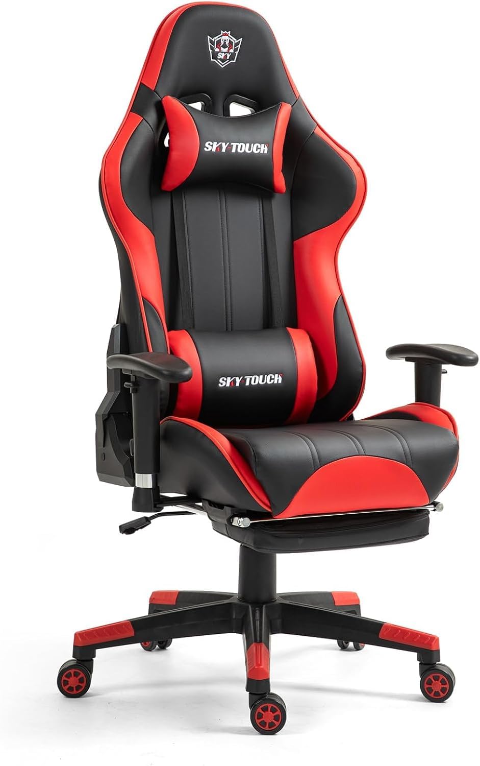 SKY-TOUCH Ergonomic Gaming Chair | PC Gaming Chair | Computer Chair | Reclining,Headrest,Footrest,Lumbar Support, Adjustable Armrests,Height Adjustable | Swivel,54x52x132cm, Red,Thickened Pu leather