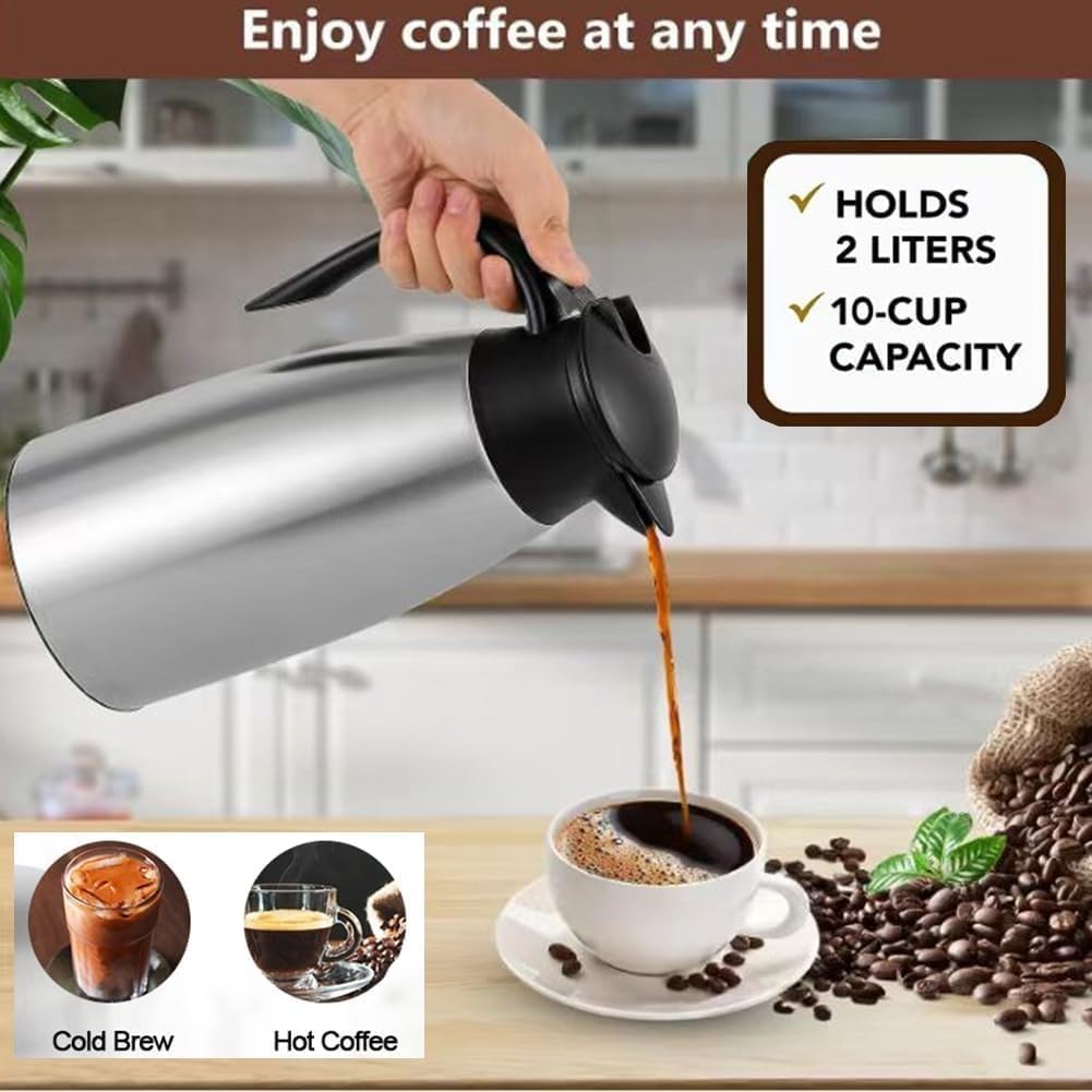 SKY-TOUCH 2L Vacuum Insulated Stainless Steel Teapot Thermal Flask Carafe – Large Capacity Double-Wall Thermos, Long-Lasting Insulation & Easy Pour for Coffee Tea Water (Silver)
