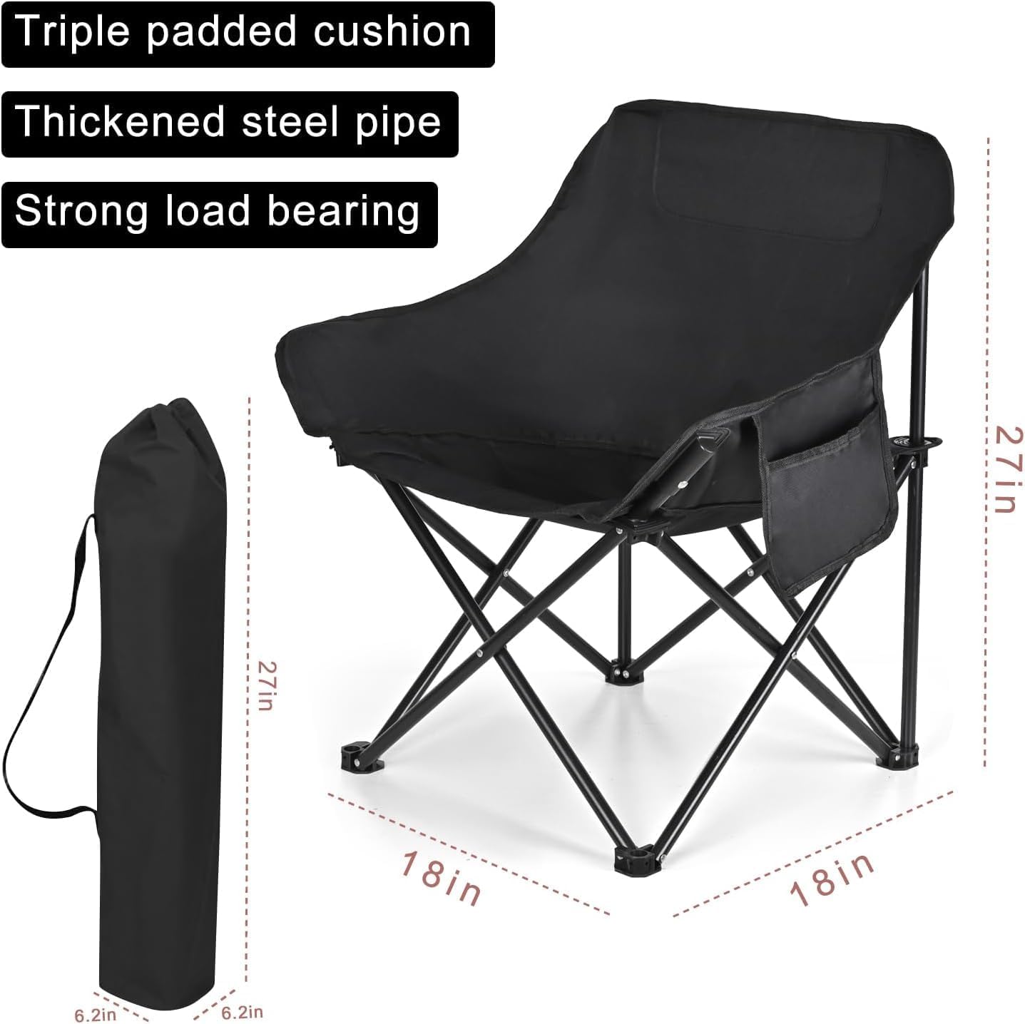 SKY-TOUCH Black Portable Folding Camping Chair with Fully Padded Seat and Backrest, Comes with Carry Bag and Side Pockets, Suitable for Outdoor Fishing, Hiking, Backpacking, Picnic, Beach, Traveling.