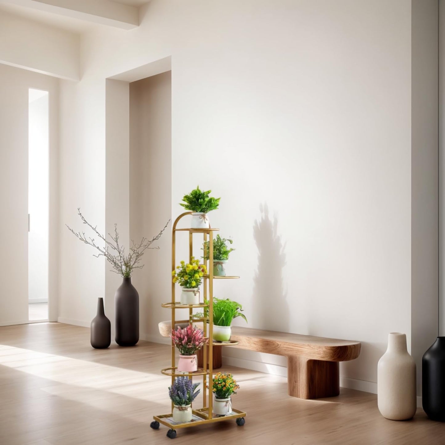 SKY-TOUCH 6-Tier Metal Plant Stand with Movable wheels – Tall 118cm Flower Shelf, Indoor/Outdoor Plant Organizer & Display Rack for Garden, Patio, or Living Room, Golden,47*118cm