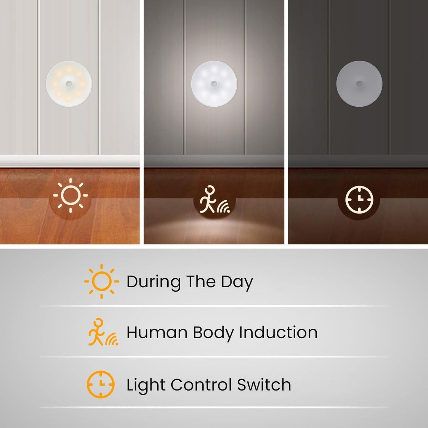 SKY-TOUCH قطعة واحدة من ضوء مستشعر LED: مصباح تحريض ذكي للجسم يعمل بمنفذ USB قابل لإعادة الشحن، ضوء خزانة لاسلكي 2 وضع اللون لضبط الدرج وغرفة النوم وغرفة المعيشة وخزانة الملابس والحمام تحت الخزانة