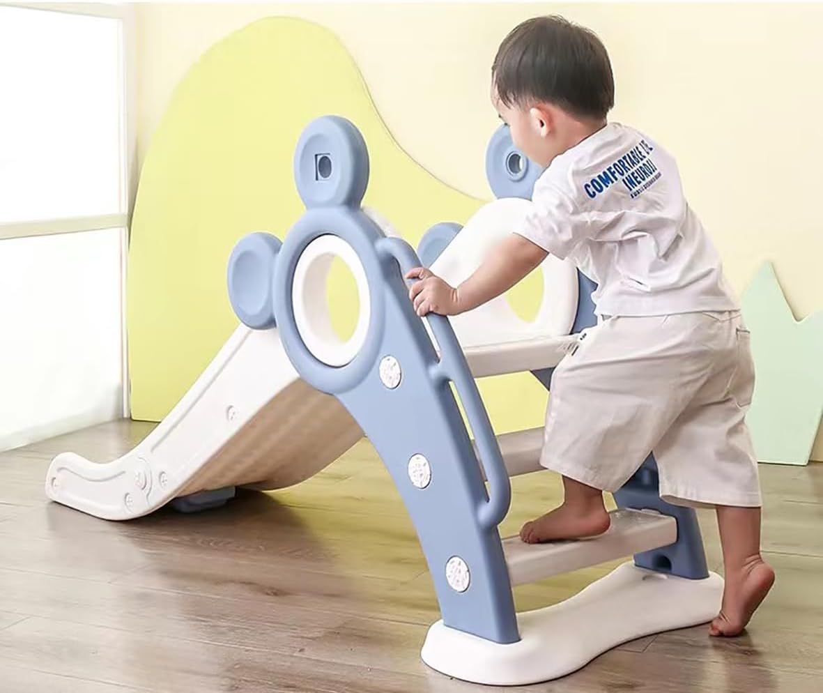 SKY-TOUCH Foldable Freestanding Toddler Slide Playset for Indoor&Outdoor Slipping Climber Exercise,with Extra Long Slipping Slope and Removable Basketball Hoop,Perfect Child's Gift,Blue