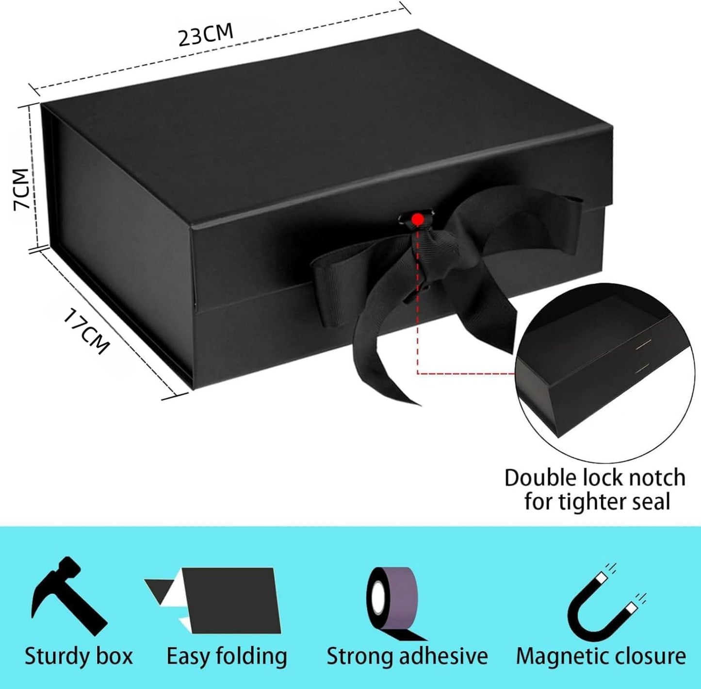 صندوق هدايا مغناطيسي فاخر من SKY-TOUCH مقاس 23x17x7 سم، صندوق هدايا أسود مع شريط، إغلاق مغناطيسي لصندوق التغليف الفاخر لعيد الأم، وأعياد الميلاد، وهدايا الزفاف، وحفلات الزفاف