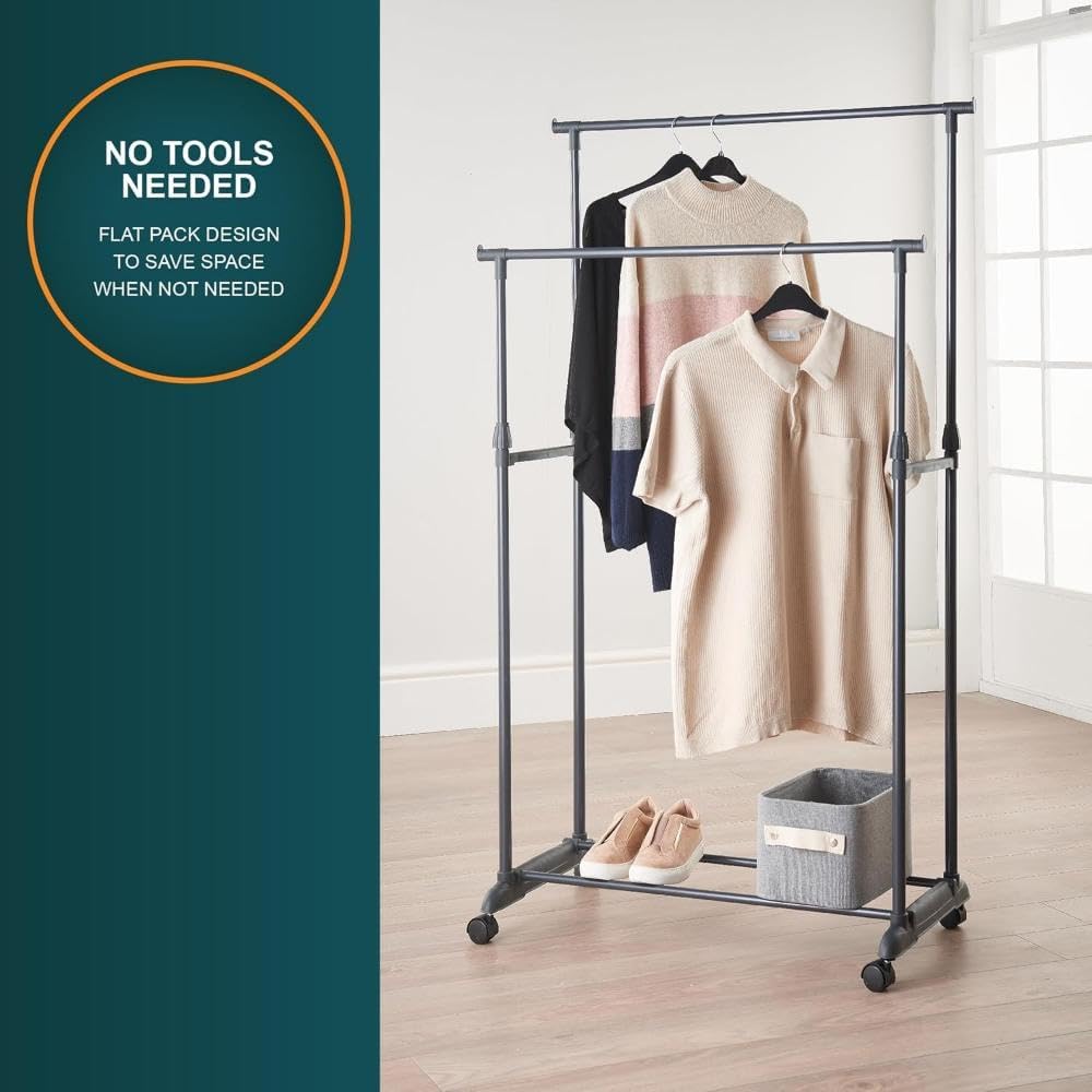 SKY-TOUCH Double Rail Clothes Rack, Movable Portable Clothes Drying Rack, Bedroom Laundry Room Display Rack with Wheels and Sturdy Base, Black, 78 * 41 * 152 cm, Adjustable Height