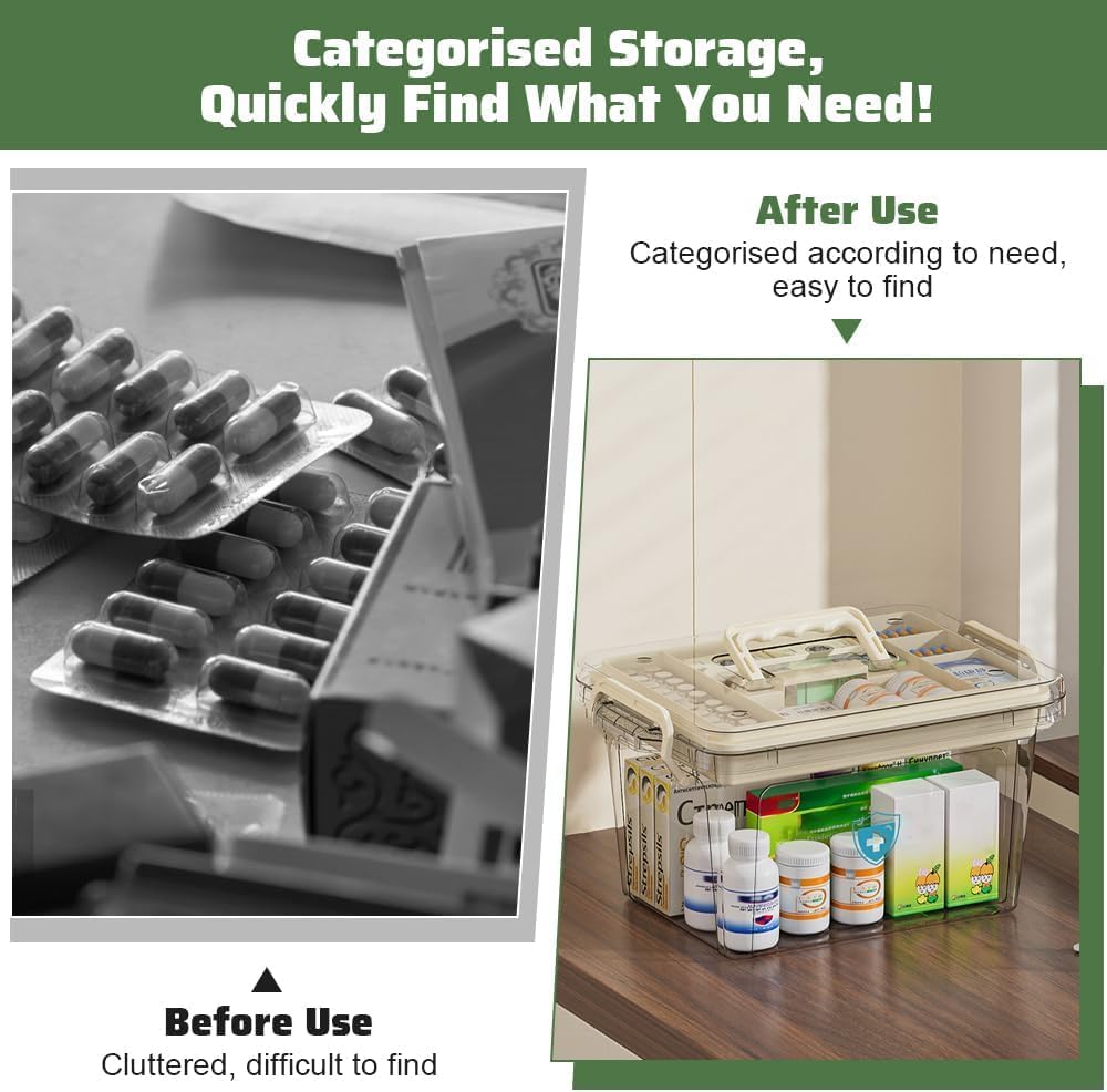 SKY-TOUCH Family Medicine Storage Box : Clear Plastic Storage Box with Tray Tool Organizer with Handle Multipurpose Storage Box for Medicine Toys Tools Office Supplies (37 * 26 * 20cm Beige)