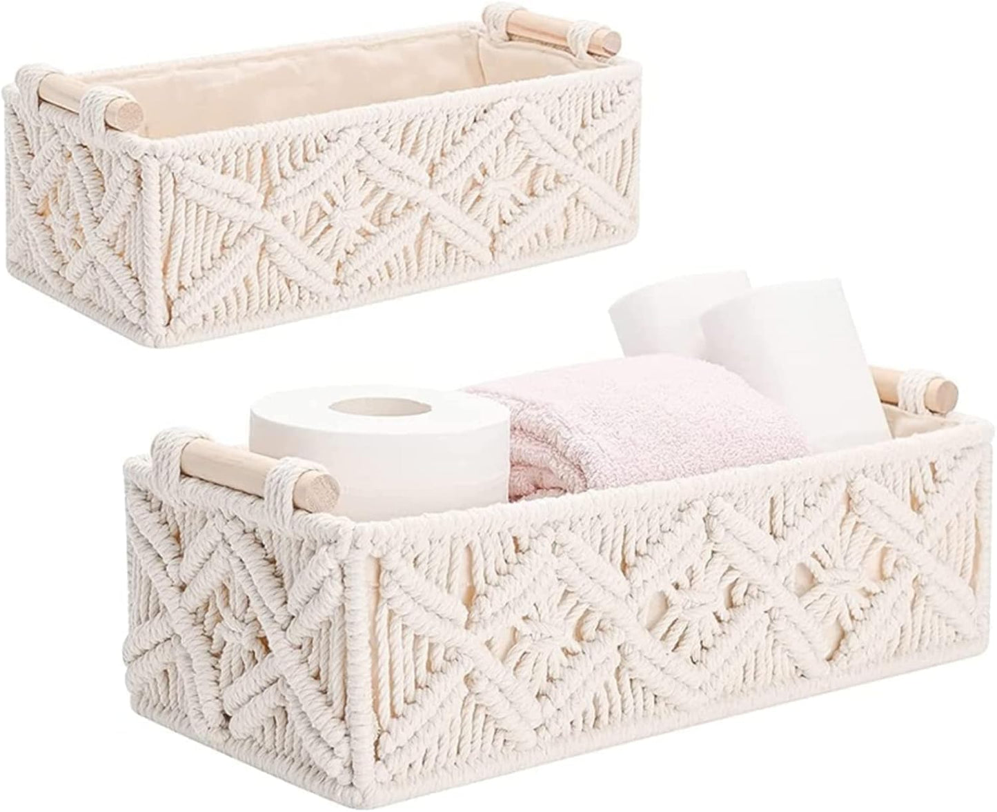 SKY-TOUCH Handwoven Macrame Storage Baskets,Woven Toilet Paper Basket with Handle for Bathroom Countertop, Storage Shelf for Bedroom, Living Room, Home (Ivory)