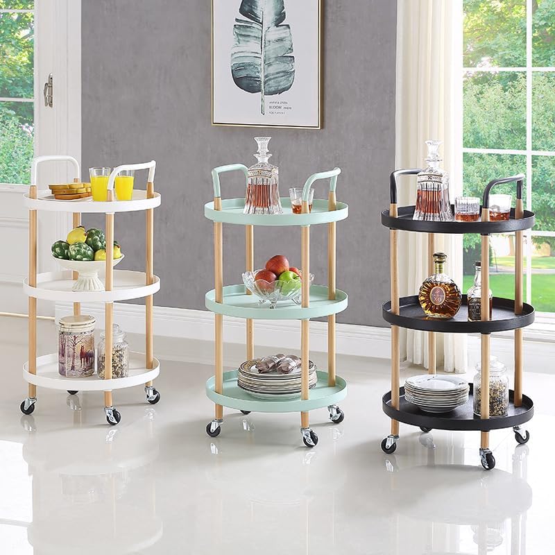 SKY-TOUCH 3 Tier Round Rolling Cart : Storage Organizer Cart with Handle and Lockable Wheels Multi-Functional Utility Cart with Wood Frame for Home Office Living Room Kitchen (Black)