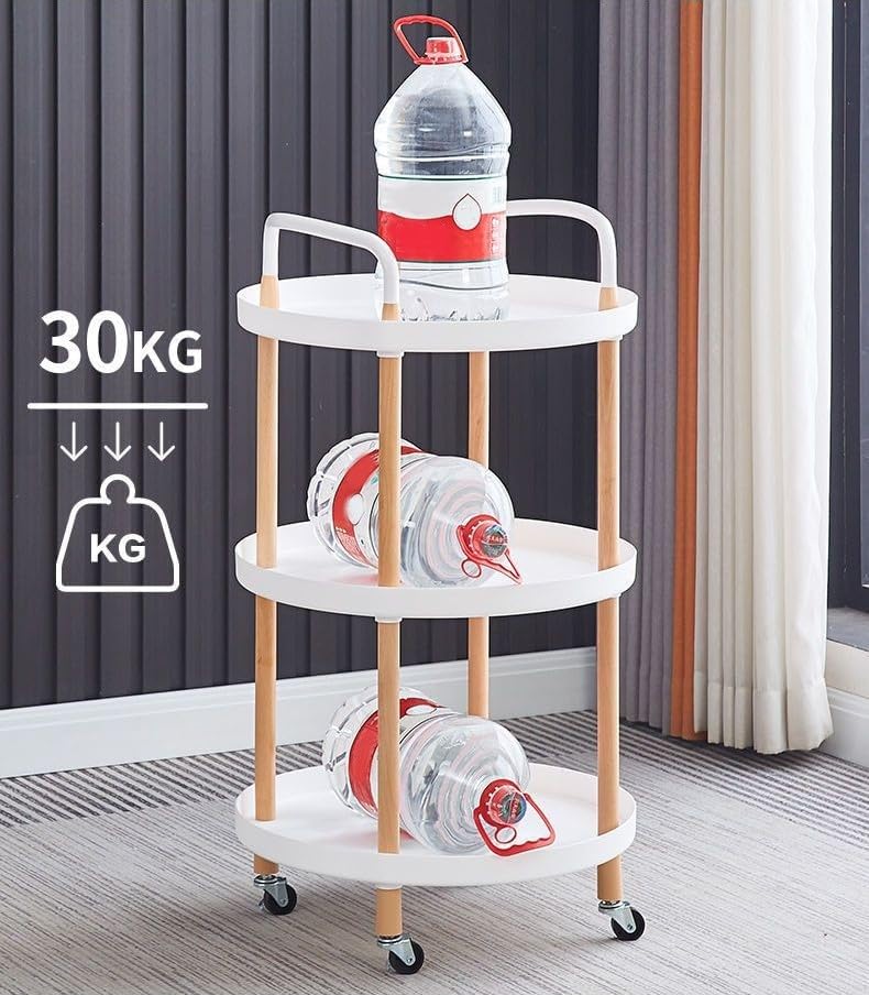SKY-TOUCH 3 Tier Round Rolling Cart : Storage Organizer Cart with Handle and Lockable Wheels Multi-Functional Utility Cart with Wood Frame for Home Office Living Room Kitchen (Black)