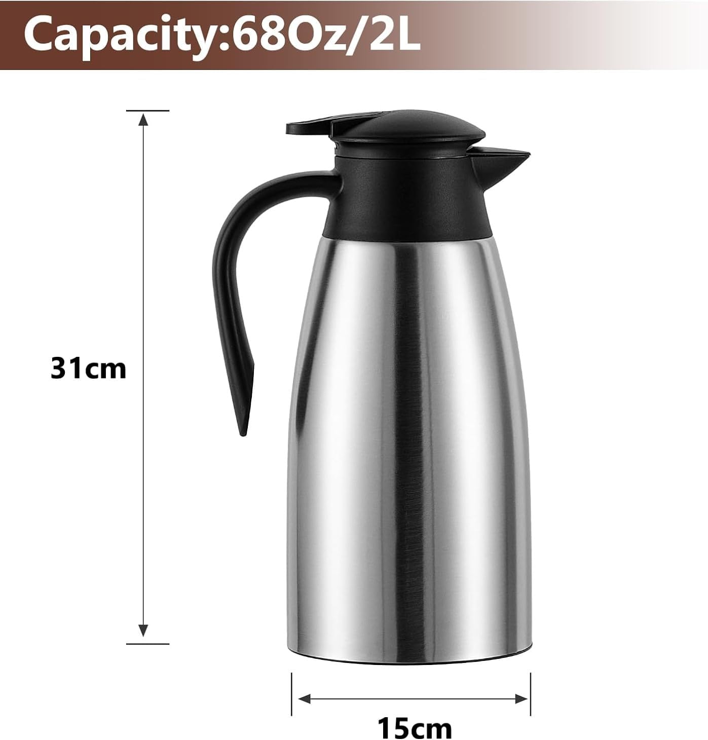 SKY-TOUCH 2L Vacuum Insulated Stainless Steel Teapot Thermal Flask Carafe – Large Capacity Double-Wall Thermos, Long-Lasting Insulation & Easy Pour for Coffee Tea Water (Silver)