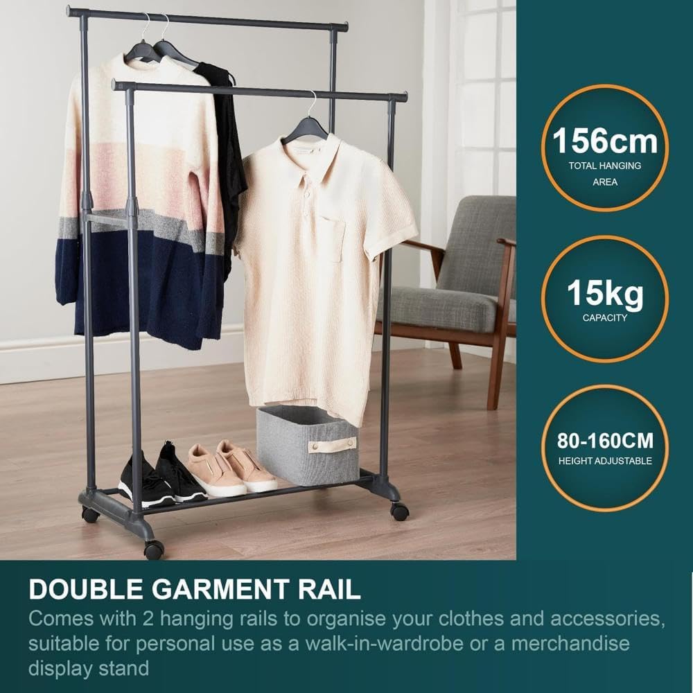 SKY-TOUCH Double Rail Clothes Rack, Movable Portable Clothes Drying Rack, Bedroom Laundry Room Display Rack with Wheels and Sturdy Base, Black, 78 * 41 * 152 cm, Adjustable Height