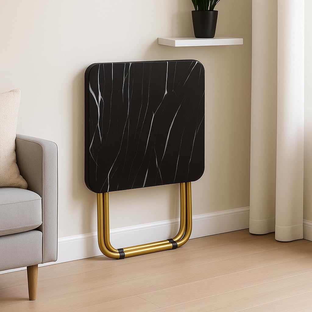 SKY-TOUCH Folding Table, Multi-Purpose Iftar Table with Black Marble-Look Wood Top Gold Metal Frame, for Prayer, Dining, Sofa Side, Outdoor & Bedroom, No Assembly, Portable & Space-Saving(60*60*90cm)