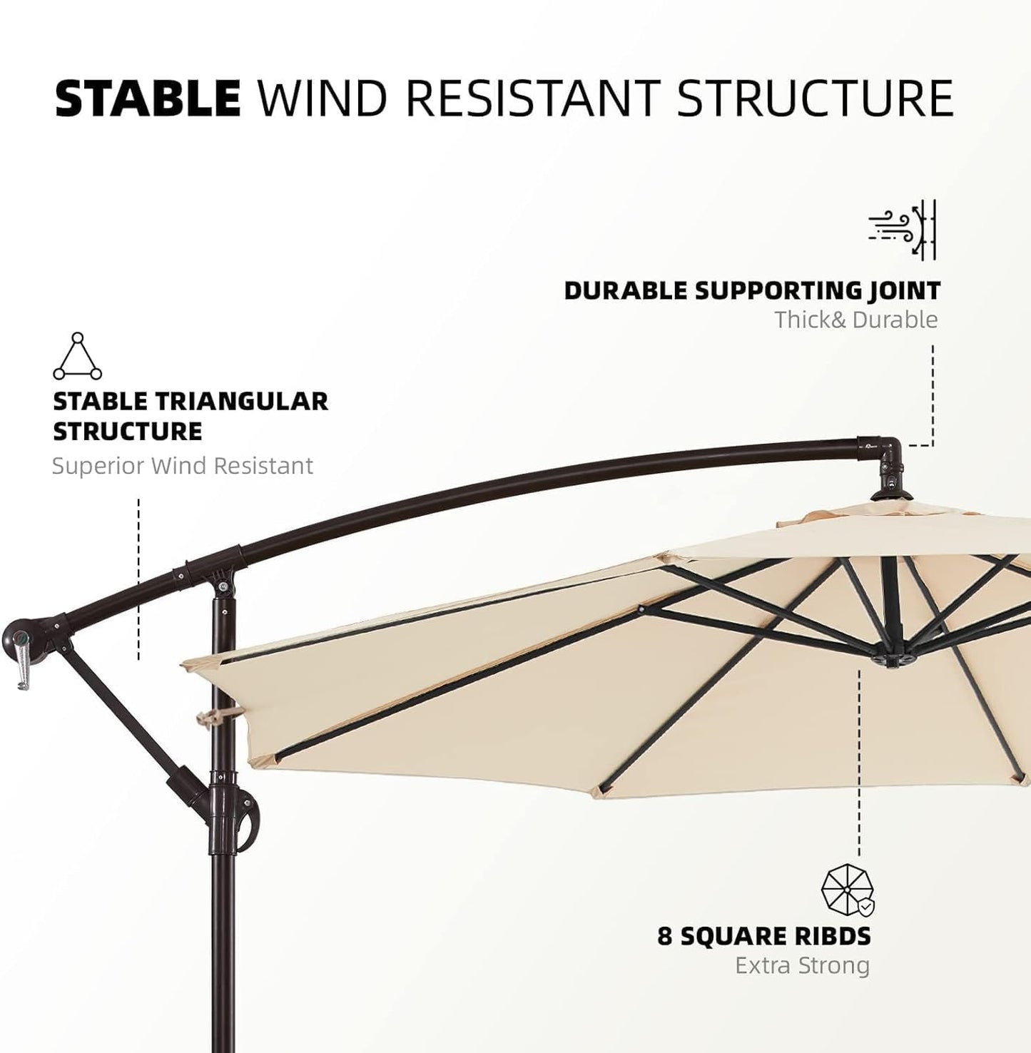 SKY-TOUCH 3M Patio Umbrella: 8 Ribs Offset Hanging Sun Shade Umbrella with Adjustable Height and Tilt Angle Fade Resistant Recycled Fabric Canopy for Yard Garden (Cross Base with Water Tank, Beige)