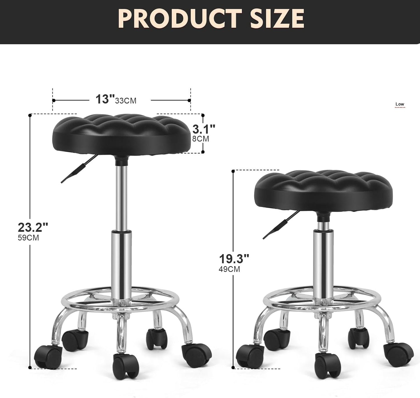 SKY-TOUCH Round Rolling Stool: Vanity Chair with PU Leather Height Adjustable 360° Swivel Stool with Wheels for Office Home Drafting Work Studio Shop SPA Salon