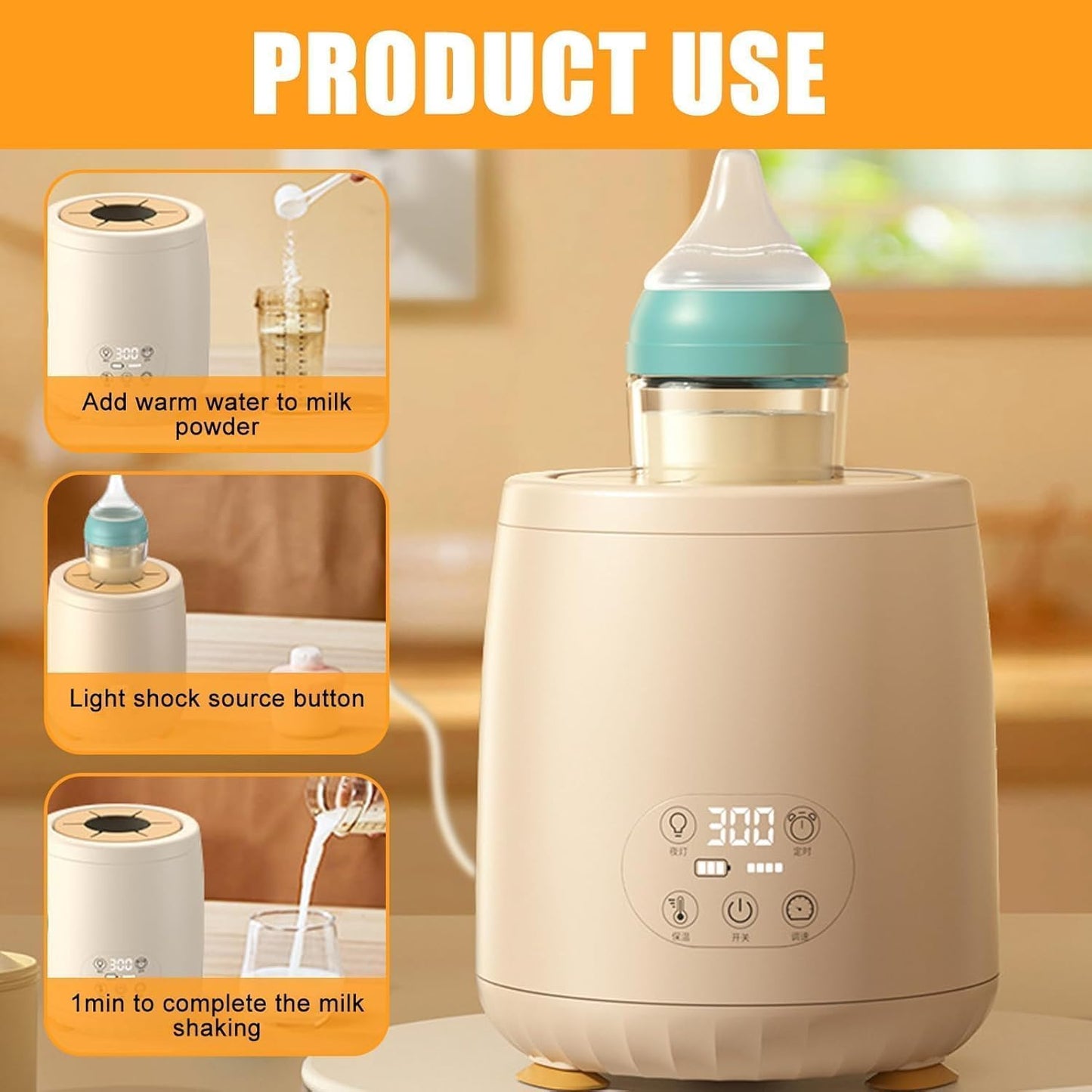 SKY-TOUCH Baby Milk Bottle Shaker,Automatic Warmer Feeding Baby Bottle,Portable Electric Feeding Milk Shaker,4-Speed Adjustment,LED Night Light + Thermal Insulation,Khaki 12 * 12 * 14.5cm