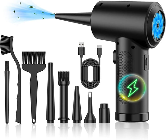 SKY-TOUCH 3-Speed Electric Air Duster - Cordless Air Blower with LED Light,Portable Dust Cleaner for Keyboard, Laptop, Car Interiors | Type-C Fast Charging & 5 Nozzle Attachments&3 brushes (Black)